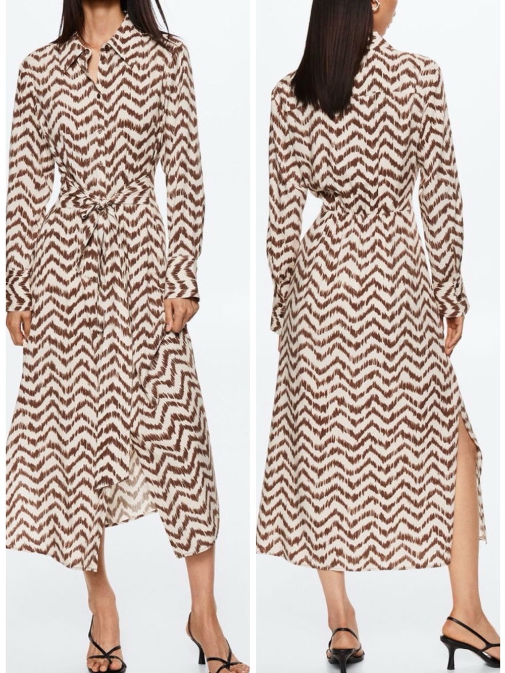 Mango Grape Geometric Print Brown Tan Midi Shirt Dress